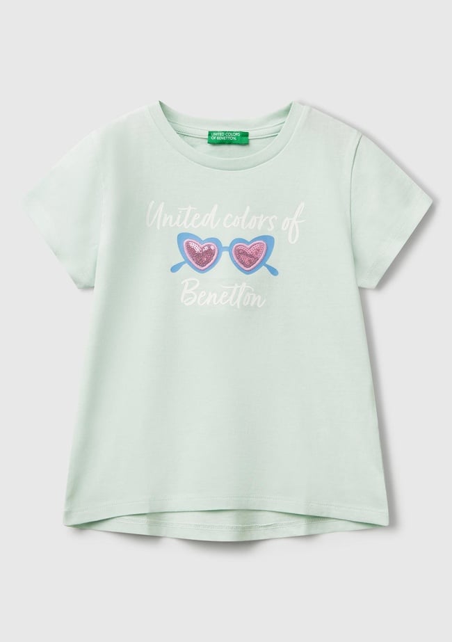  Kız Çocuk Su Yeşili Simli Benetton Logo Baskılı T-Shirt