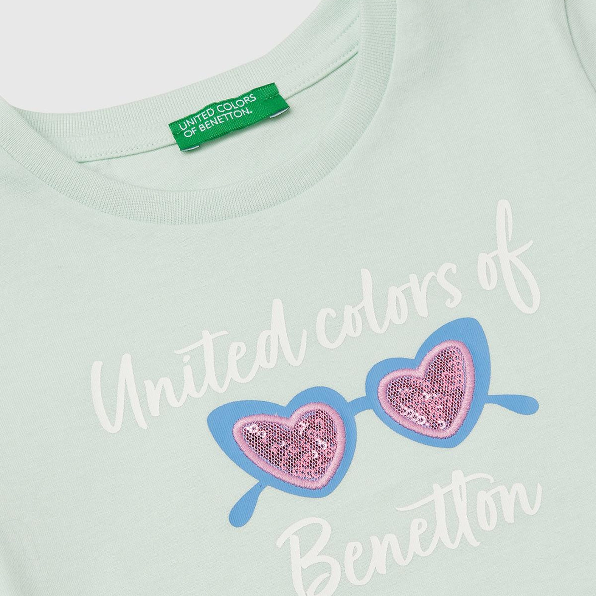 Kız Çocuk Su Yeşili Simli Benetton Logo Baskılı T-Shirt