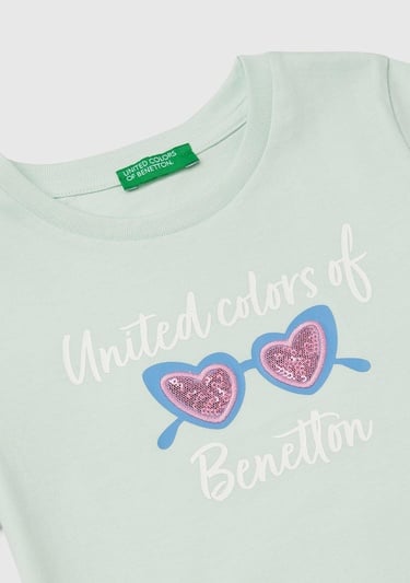  Kız Çocuk Su Yeşili Simli Benetton Logo Baskılı T-Shirt