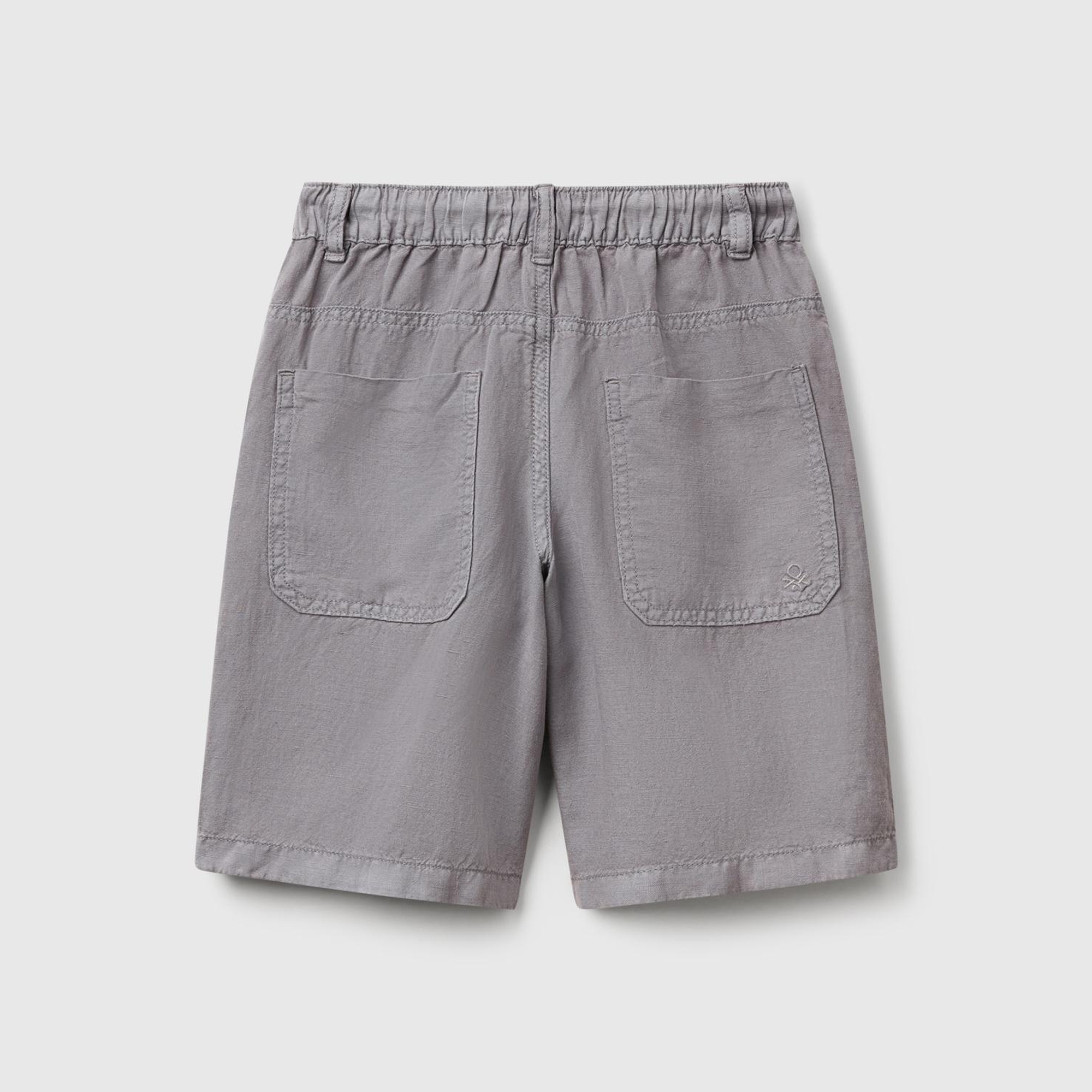 Erkek Çocuk Antrasit Liyosel ve Keten Karışımlı Büzgü İpli Cepli Bermuda Şort