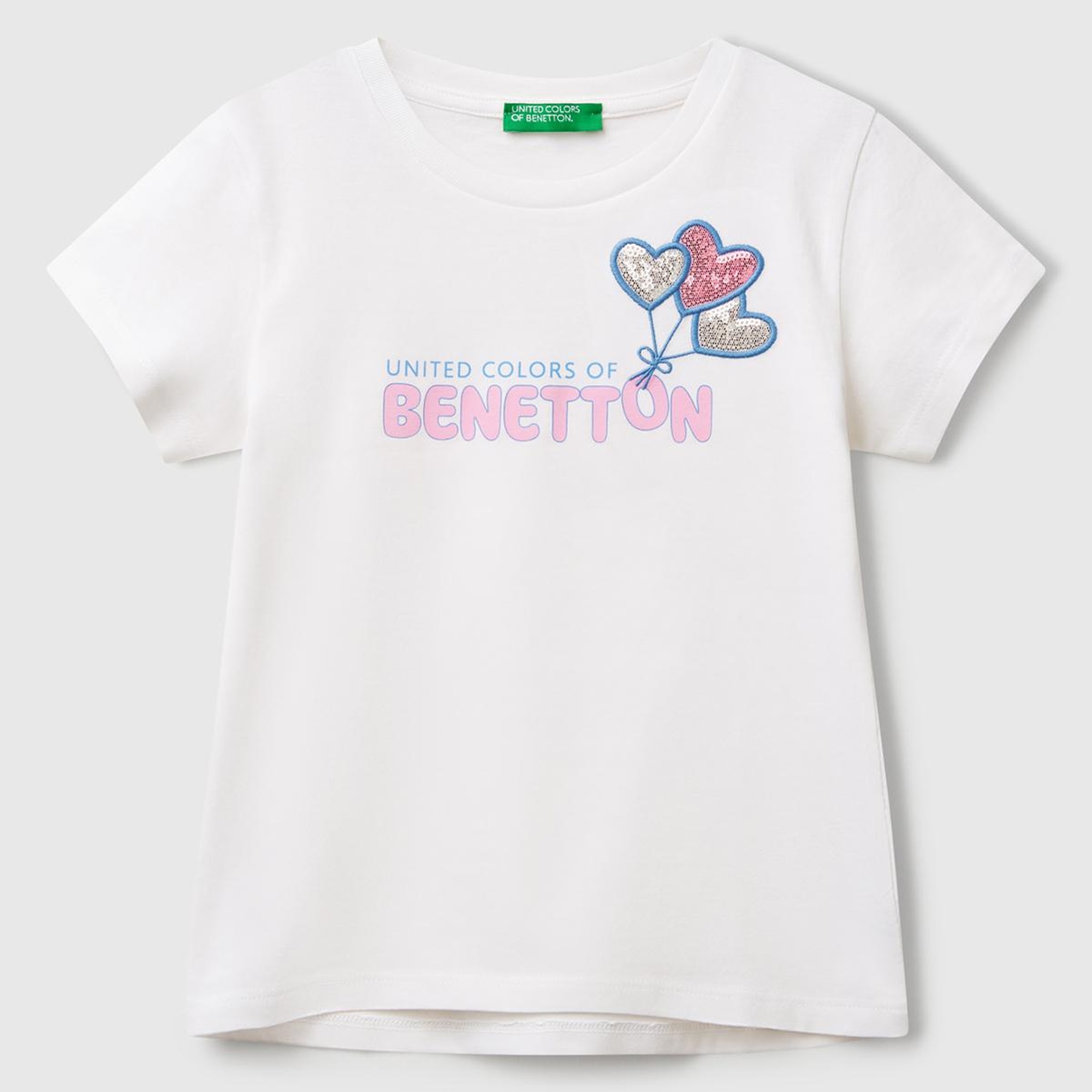 Kız Çocuk Beyaz Simli Benetton Logo Baskılı T-Shirt