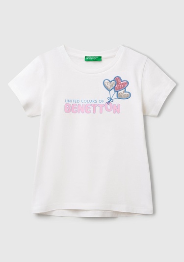  Kız Çocuk Beyaz Simli Benetton Logo Baskılı T-Shirt