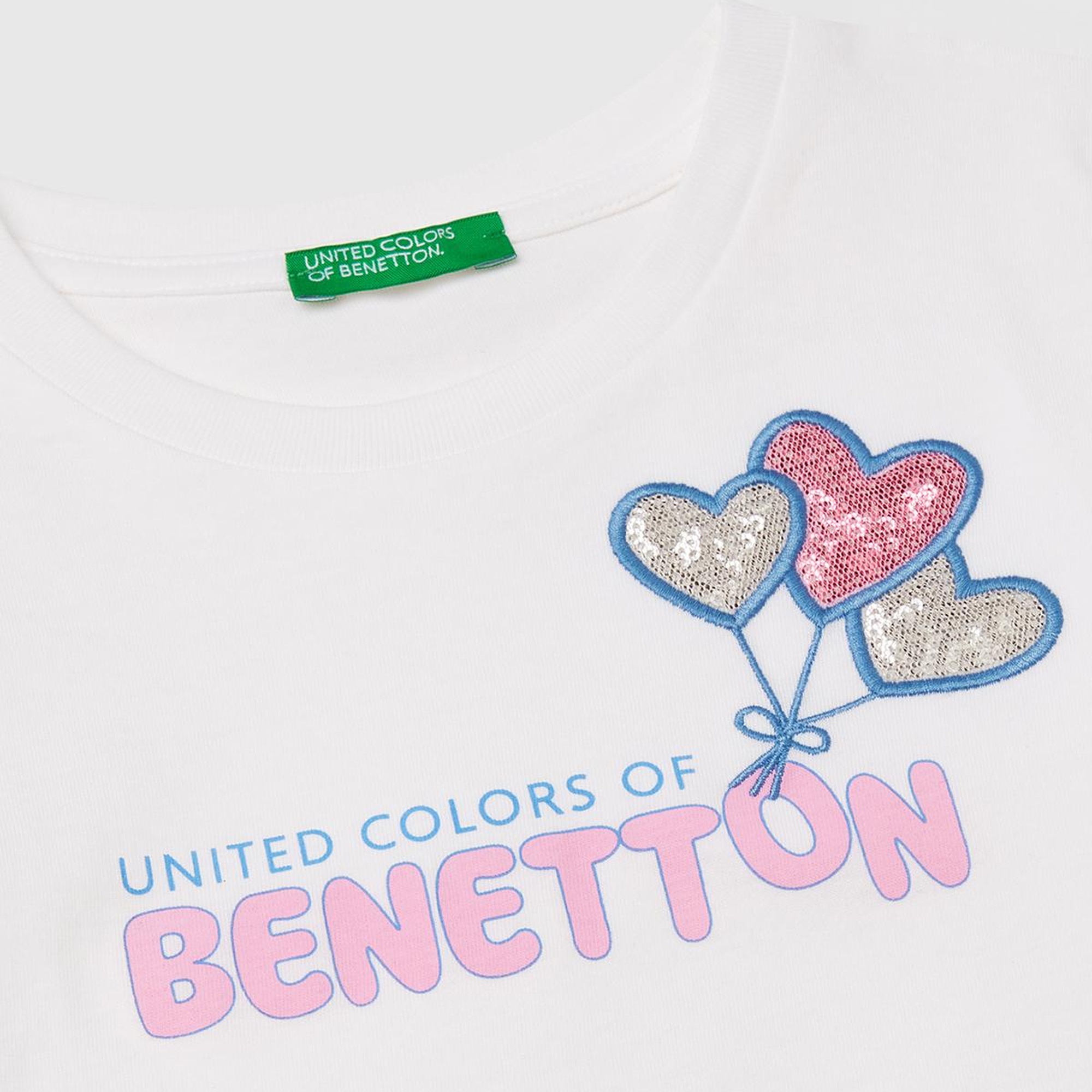 Kız Çocuk Beyaz Simli Benetton Logo Baskılı T-Shirt