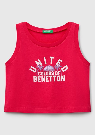  Kız Çocuk Fuşya Simli Benetton Logo Baskılı Atlet