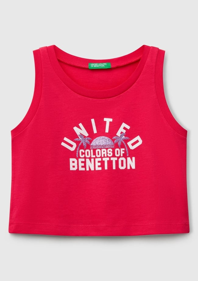  Kız Çocuk Fuşya Simli Benetton Logo Baskılı Atlet