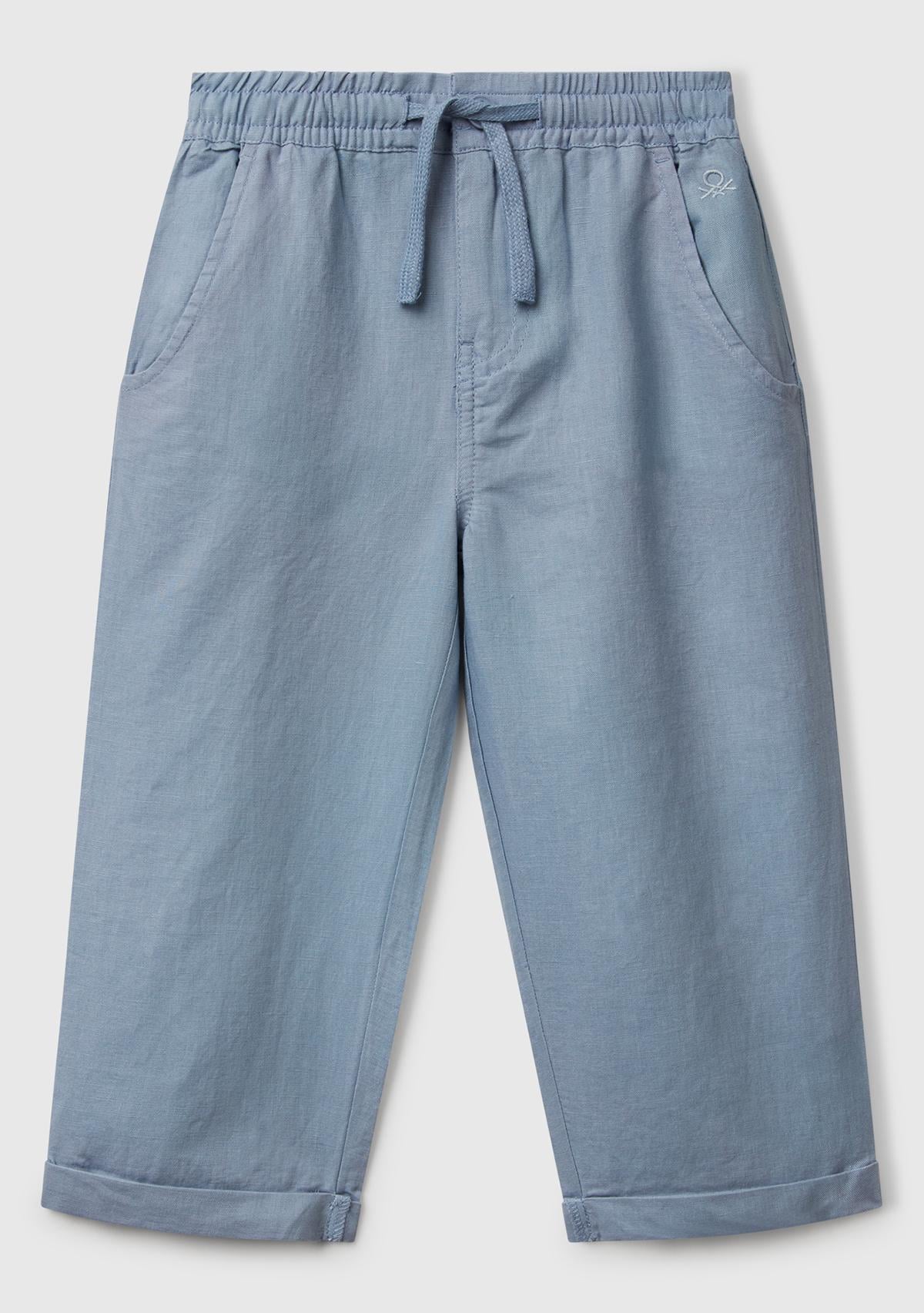  Erkek Çocuk Mavi Keten Karışımlı Jogger Pantolon