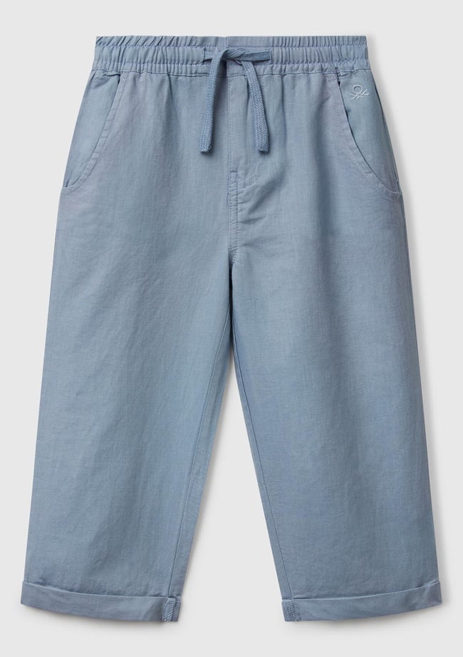  Erkek Çocuk Mavi Keten Karışımlı Jogger Pantolon