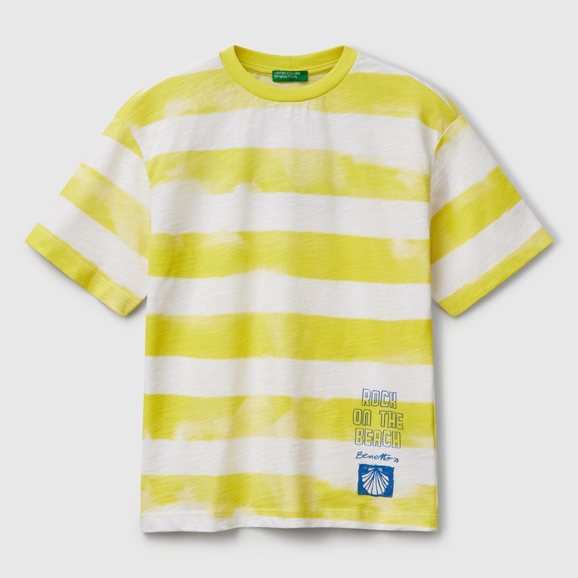 Erkek Çocuk Sarı Baskılı Fırça Darbesi Çizgili Bisiklet Yaka Oversize T-Shirt