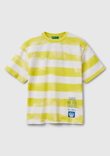  Erkek Çocuk Sarı Baskılı Fırça Darbesi Çizgili Bisiklet Yaka Oversize T-Shirt