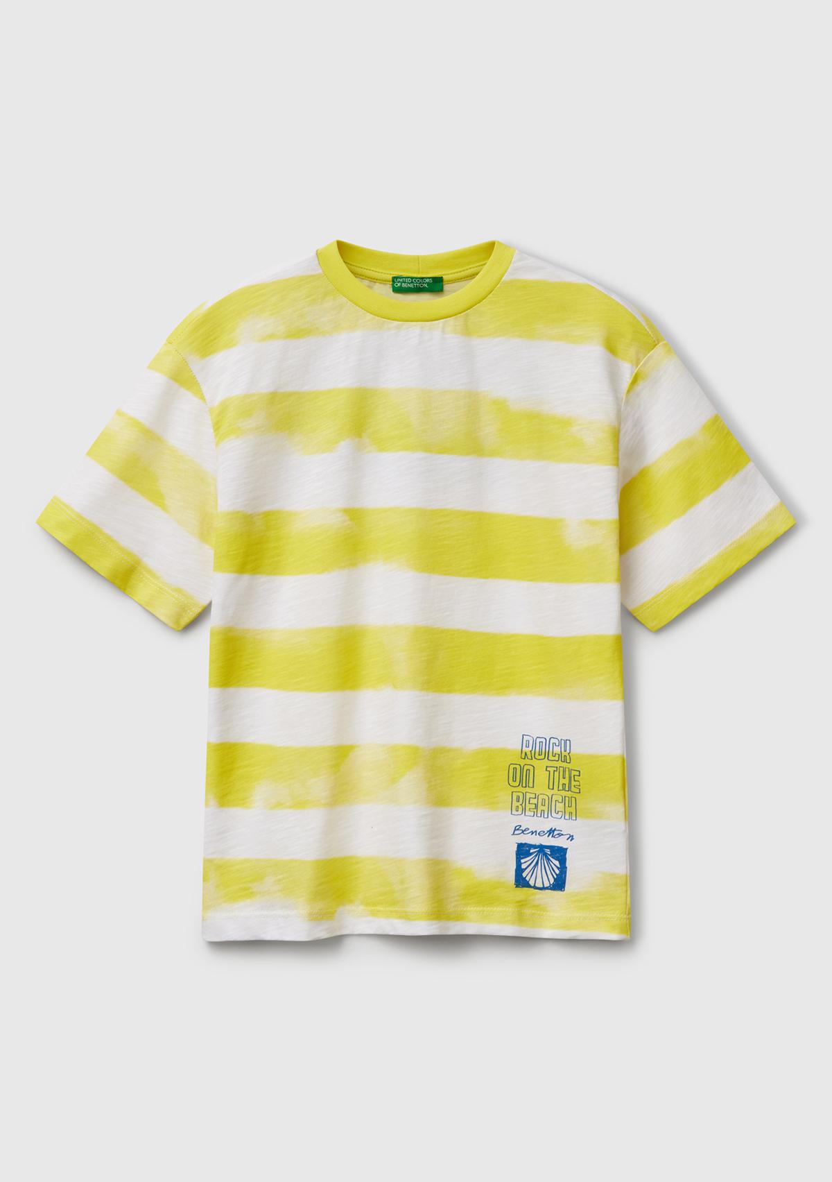  Erkek Çocuk Sarı Baskılı Fırça Darbesi Çizgili Bisiklet Yaka Oversize T-Shirt