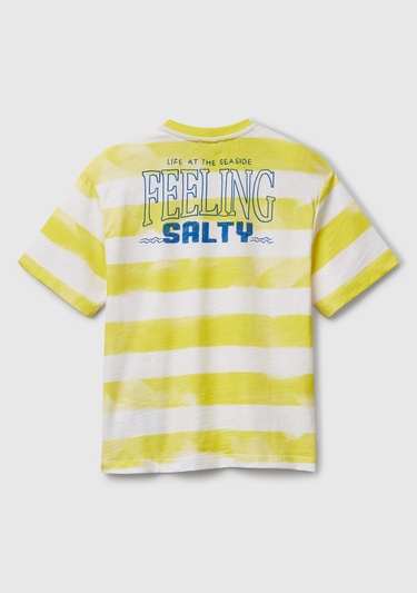  Erkek Çocuk Sarı Baskılı Fırça Darbesi Çizgili Bisiklet Yaka Oversize T-Shirt