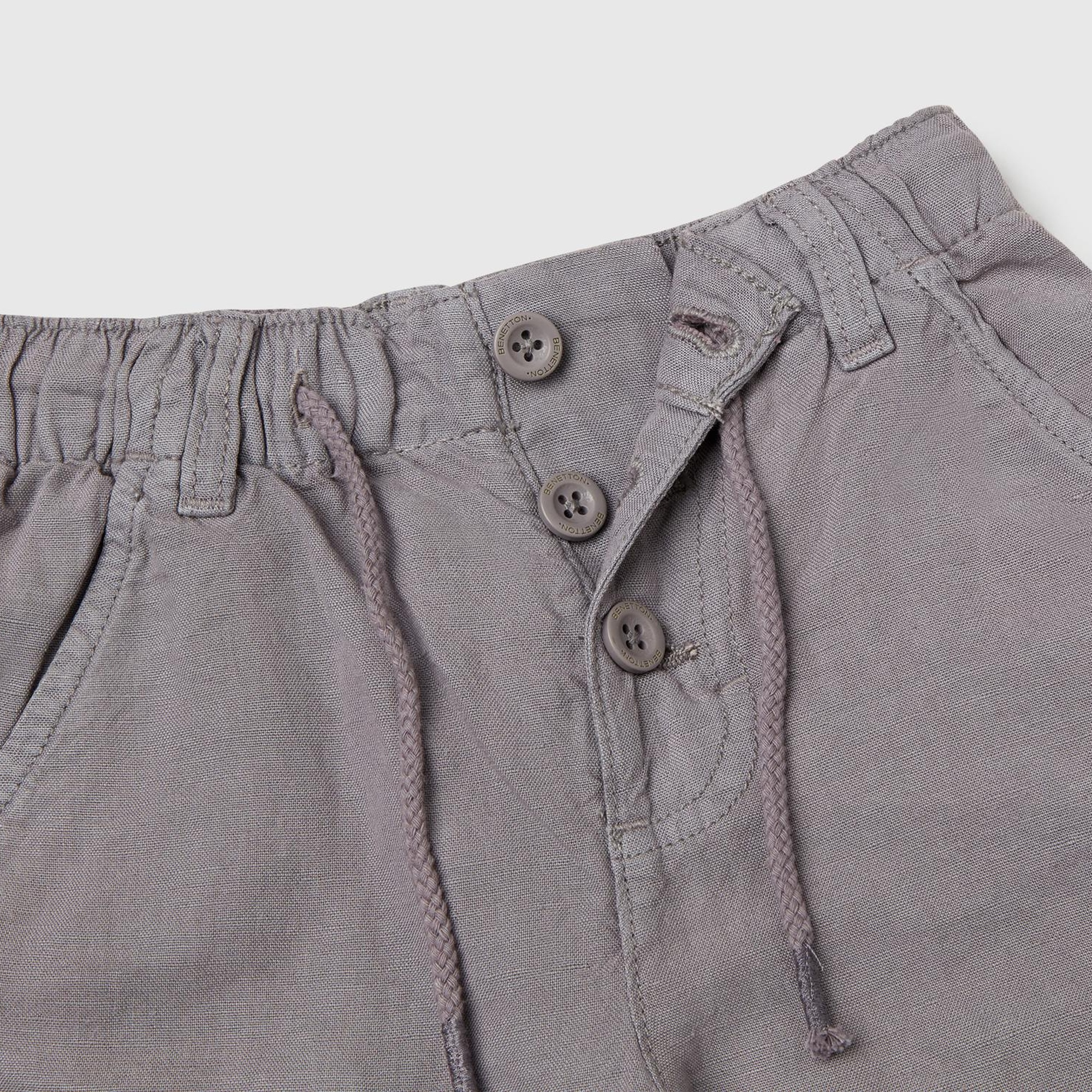 Erkek Çocuk Antrasit Liyosel ve Keten Karışımlı Düğmeli Büzgü İpli Bermuda Şort