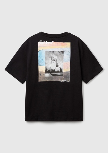  Erkek Çocuk Siyah Fotoğraf Baskılı Oversize T-Shirt