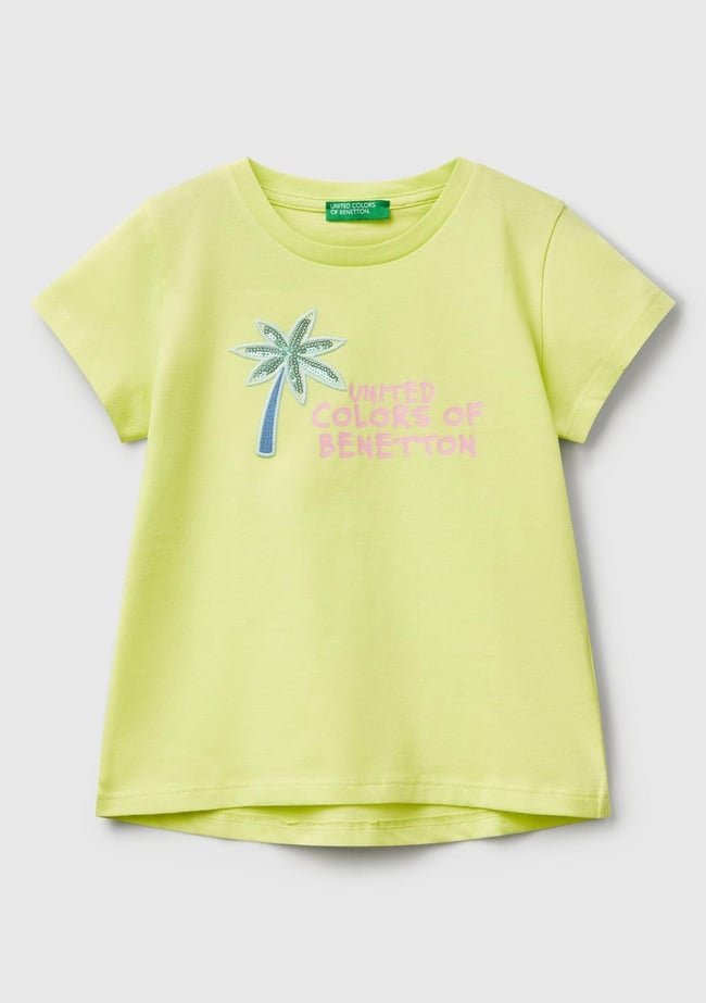  Kız Çocuk Sarı Simli Benetton Logo Baskılı T-Shirt