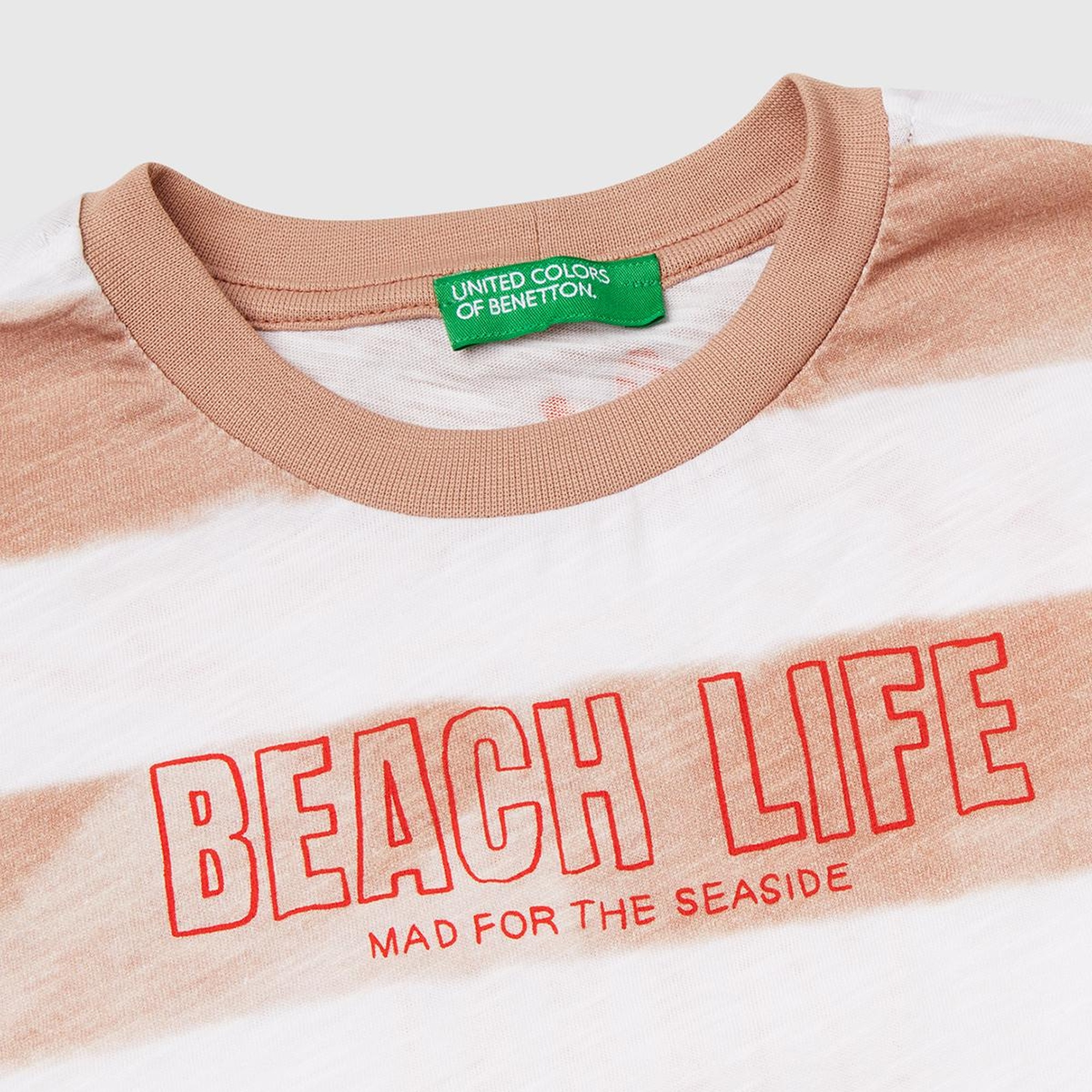 Erkek Çocuk Koyu Bej Baskılı Fırça Darbesi Çizgili Bisiklet Yaka Oversize T-Shirt