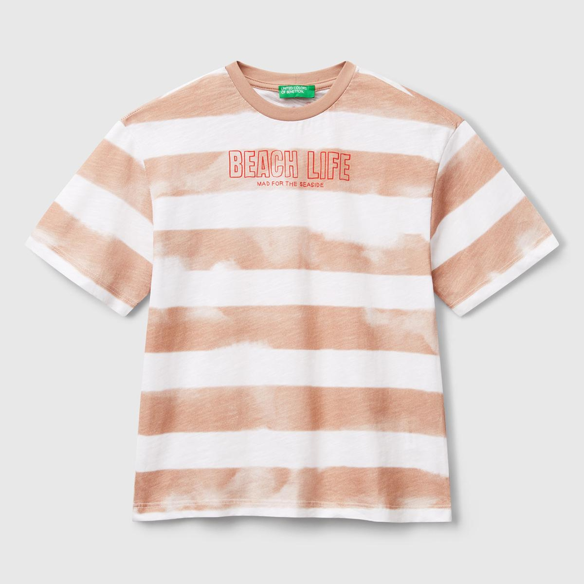 Erkek Çocuk Koyu Bej Baskılı Fırça Darbesi Çizgili Bisiklet Yaka Oversize T-Shirt