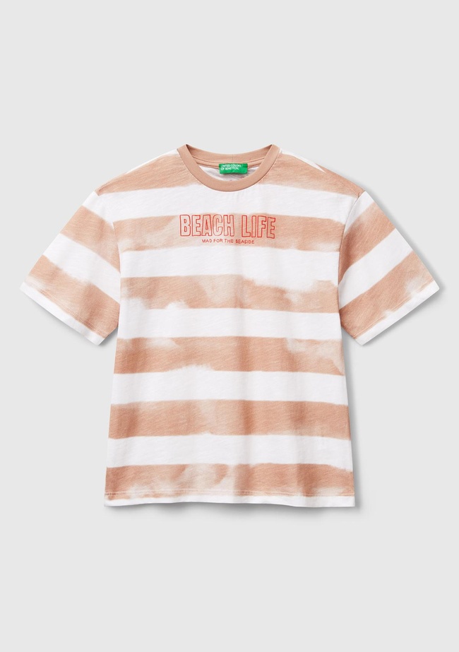  Erkek Çocuk Koyu Bej Baskılı Fırça Darbesi Çizgili Bisiklet Yaka Oversize T-Shirt