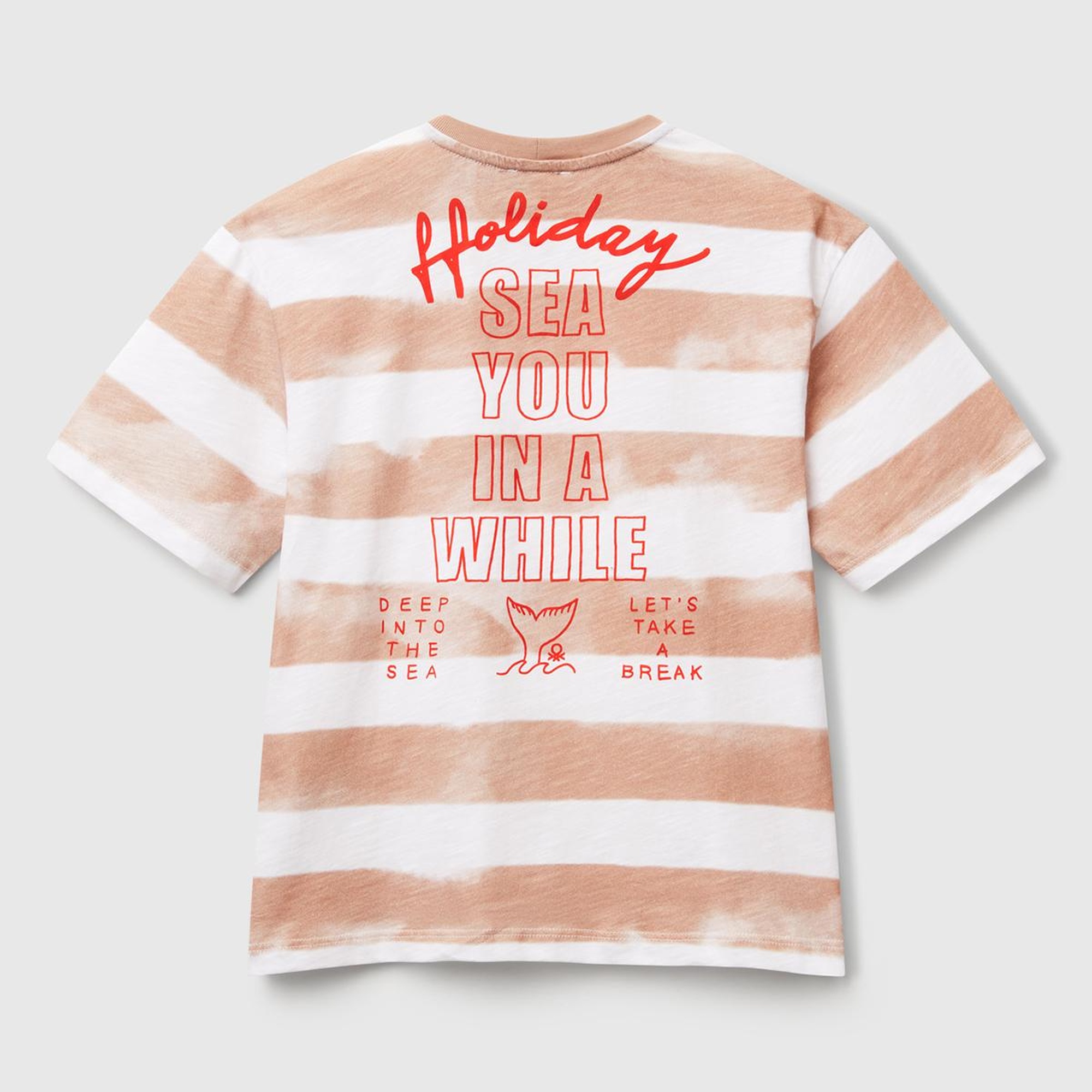 Erkek Çocuk Koyu Bej Baskılı Fırça Darbesi Çizgili Bisiklet Yaka Oversize T-Shirt