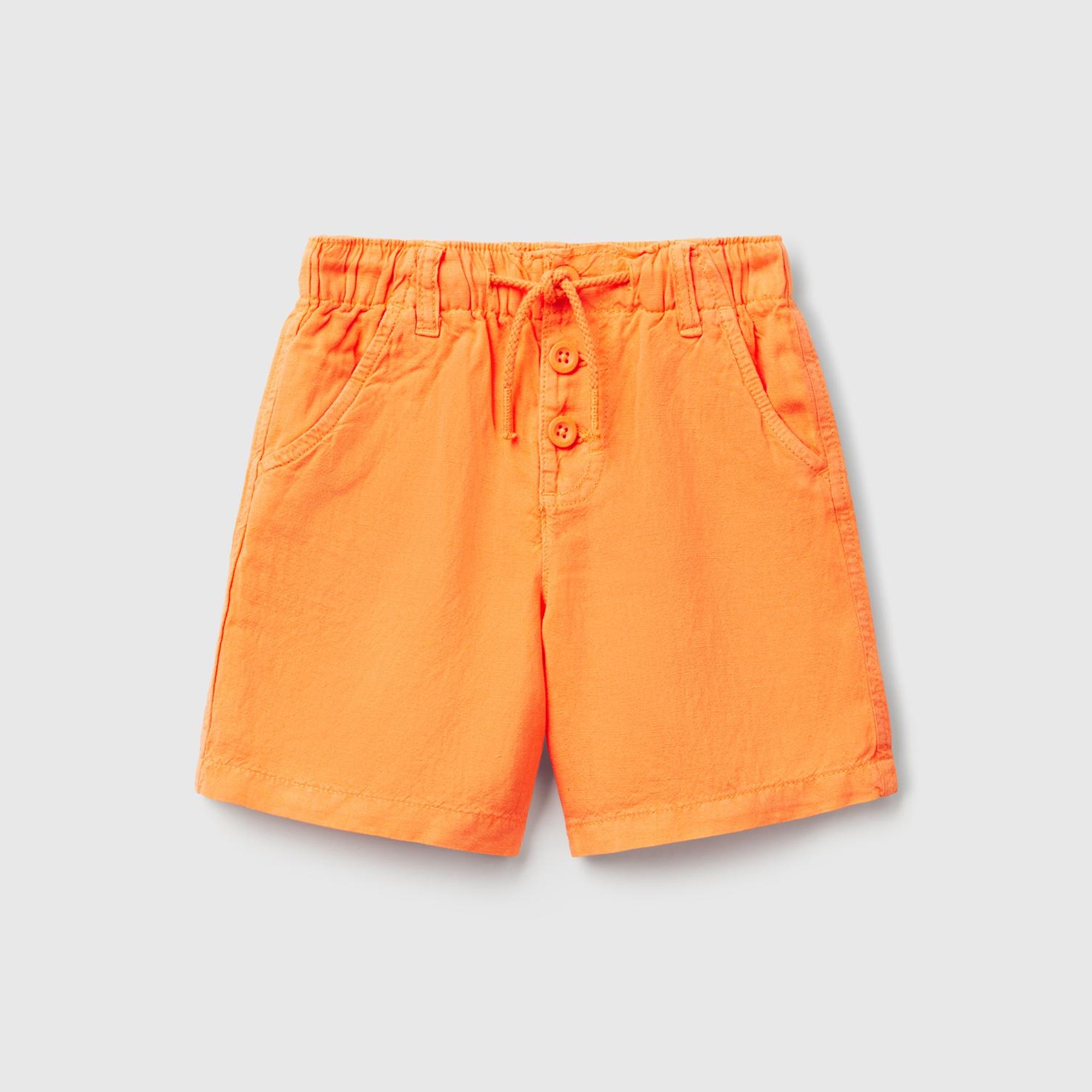 Erkek Çocuk Turuncu Liyosel ve Keten Karışımlı Düğmeli Büzgü İpli Bermuda Şort