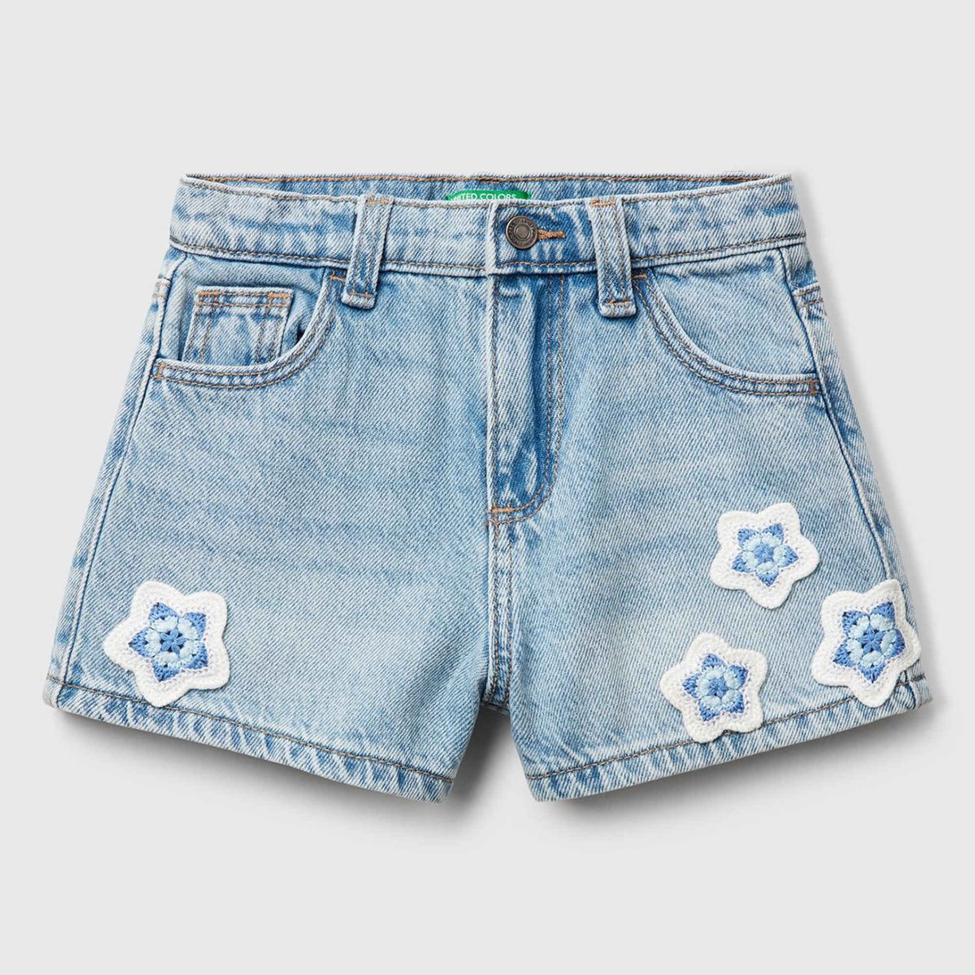 Kız Çocuk Denim Makrome Çiçek Aplikeli Logo İşlemeli Regular Fit Şort