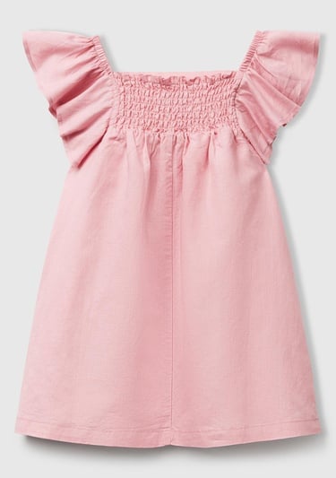  Kız Çocuk Pembe Keten Karışımlı Çiçek Aplikeli Askısı Fırfırlı Pileli Elbise