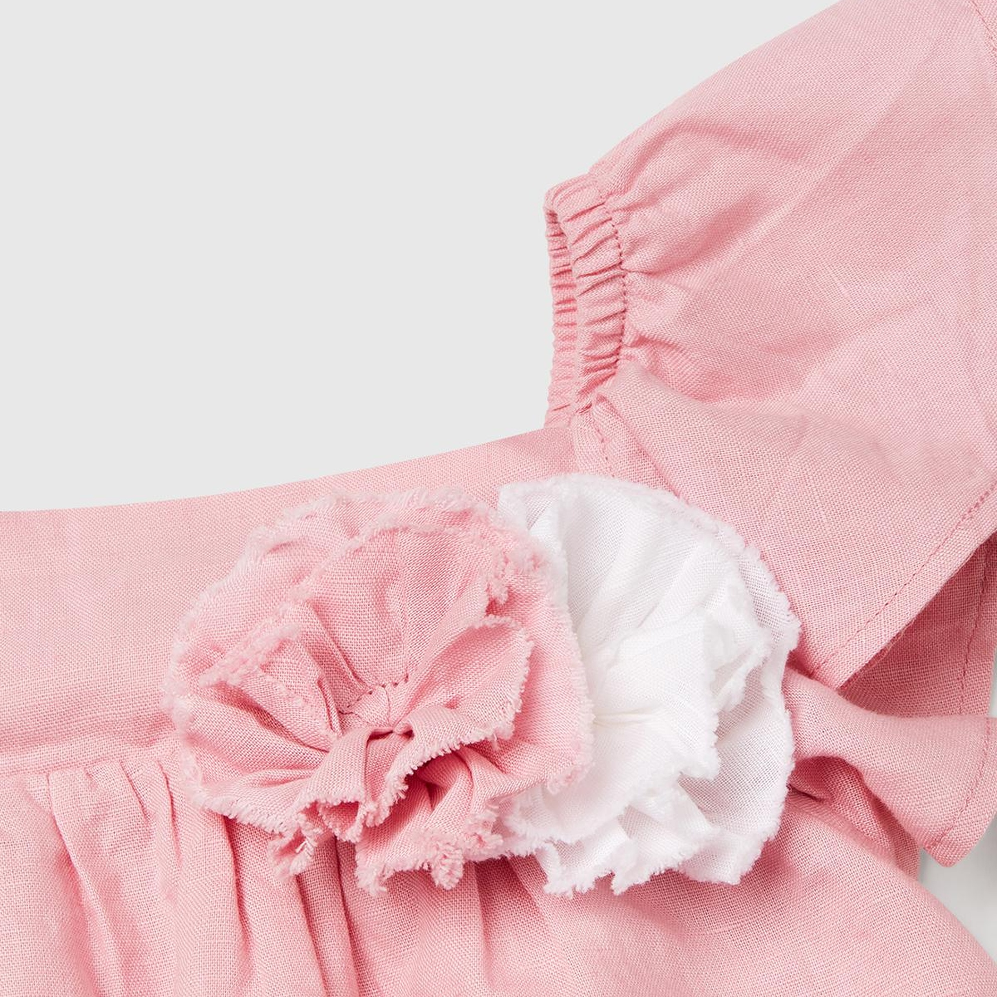 Kız Çocuk Pembe Keten Karışımlı Çiçek Aplikeli Askısı Fırfırlı Pileli Elbise