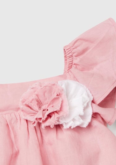  Kız Çocuk Pembe Keten Karışımlı Çiçek Aplikeli Askısı Fırfırlı Pileli Elbise