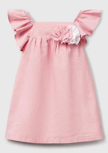  Kız Çocuk Pembe Keten Karışımlı Çiçek Aplikeli Askısı Fırfırlı Pileli Elbise
