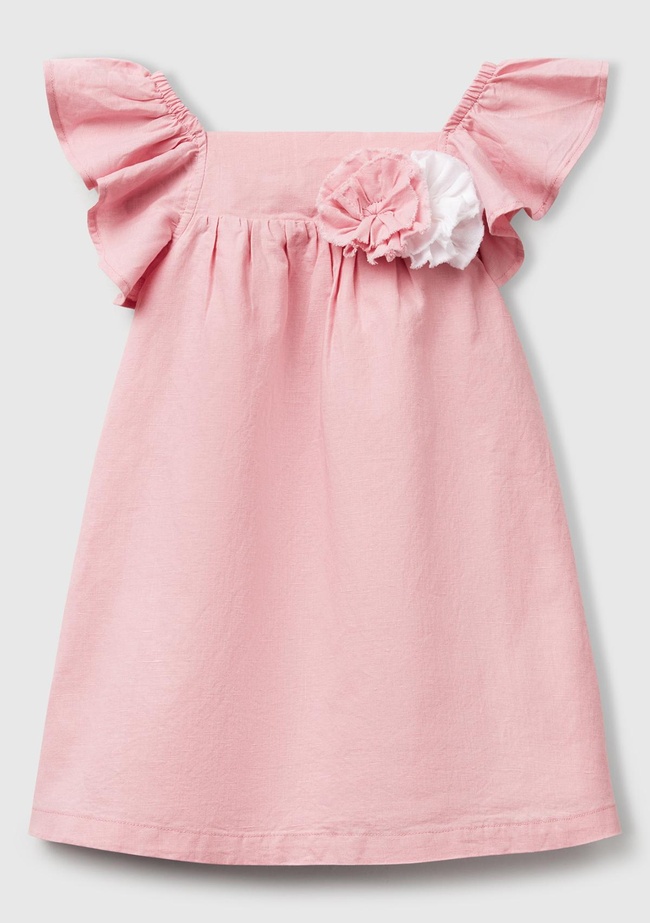  Kız Çocuk Pembe Keten Karışımlı Çiçek Aplikeli Askısı Fırfırlı Pileli Elbise