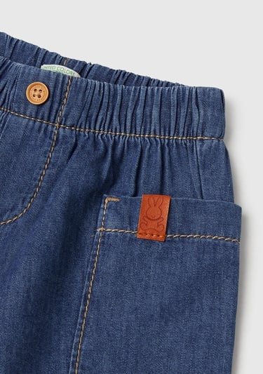  Bebek Koyu Denim Beli Lastikli Logo Düğmeli Yan Cepli Denim Şort