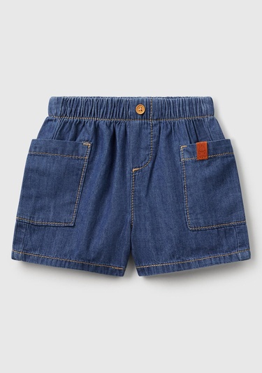  Bebek Koyu Denim Beli Lastikli Logo Düğmeli Yan Cepli Denim Şort