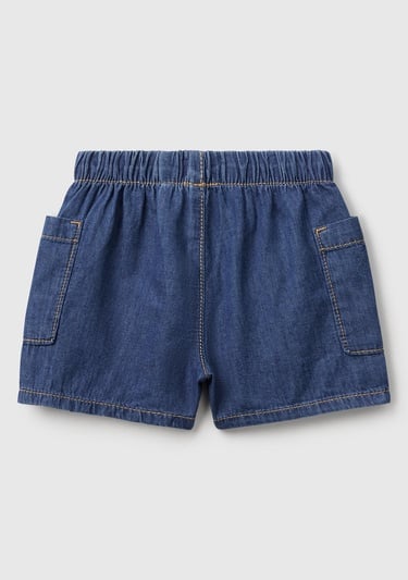  Bebek Koyu Denim Beli Lastikli Logo Düğmeli Yan Cepli Denim Şort