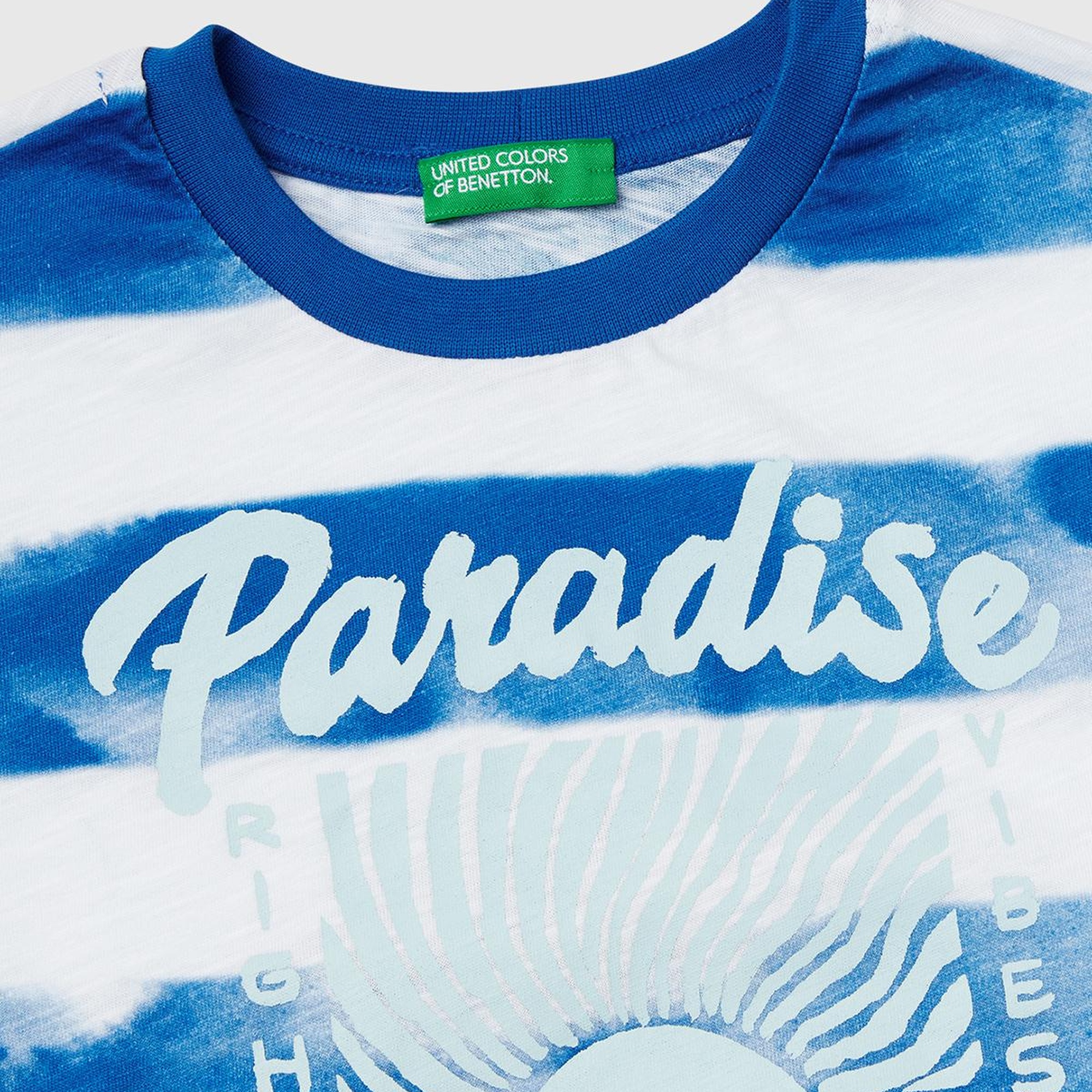 Erkek Çocuk Saks Mavi Baskılı Fırça Darbesi Çizgili Bisiklet Yaka Oversize T-Shirt