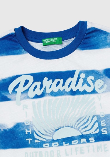  Erkek Çocuk Saks Mavi Baskılı Fırça Darbesi Çizgili Bisiklet Yaka Oversize T-Shirt