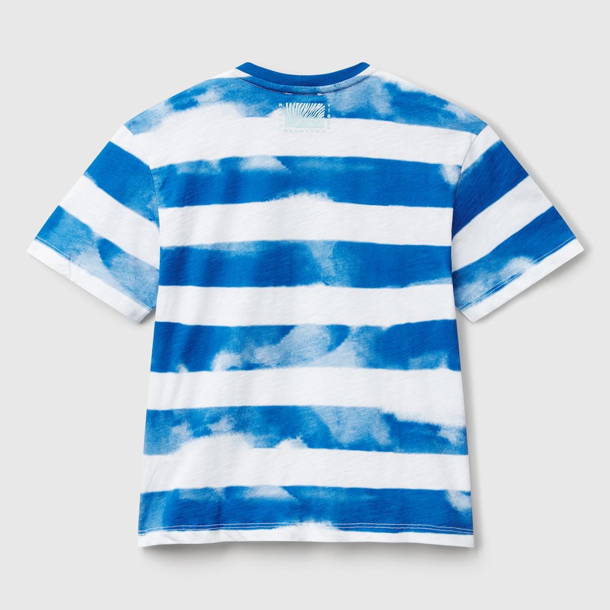 Erkek Çocuk Saks Mavi Baskılı Fırça Darbesi Çizgili Bisiklet Yaka Oversize T-Shirt