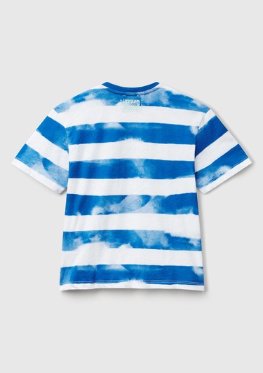  Erkek Çocuk Saks Mavi Baskılı Fırça Darbesi Çizgili Bisiklet Yaka Oversize T-Shirt