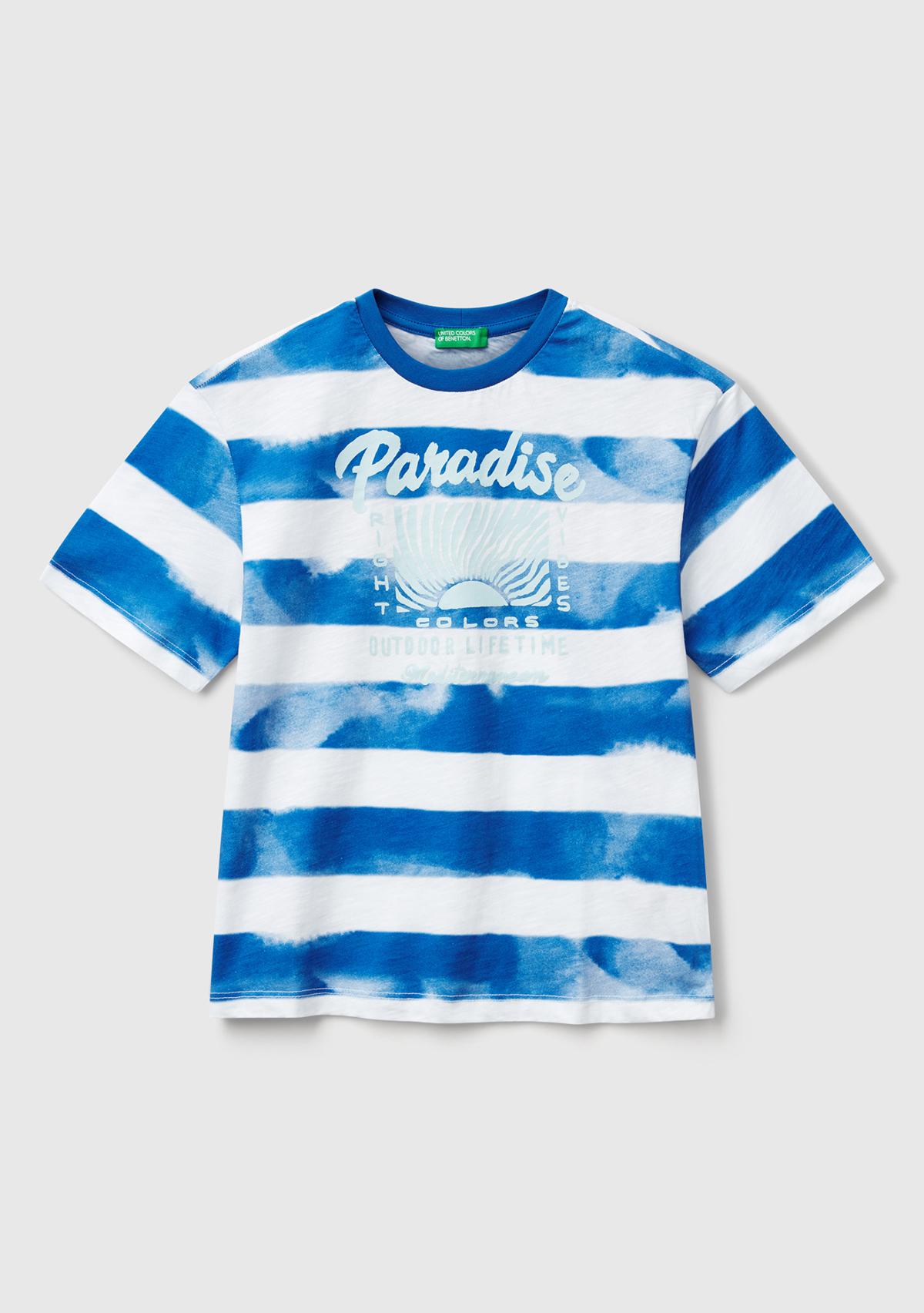  Erkek Çocuk Saks Mavi Baskılı Fırça Darbesi Çizgili Bisiklet Yaka Oversize T-Shirt