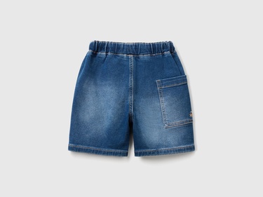  Erkek Çocuk Koyu Denim Yan Cebi Logo İşlemeli Büzgü İpli Denim Bermuda Şort