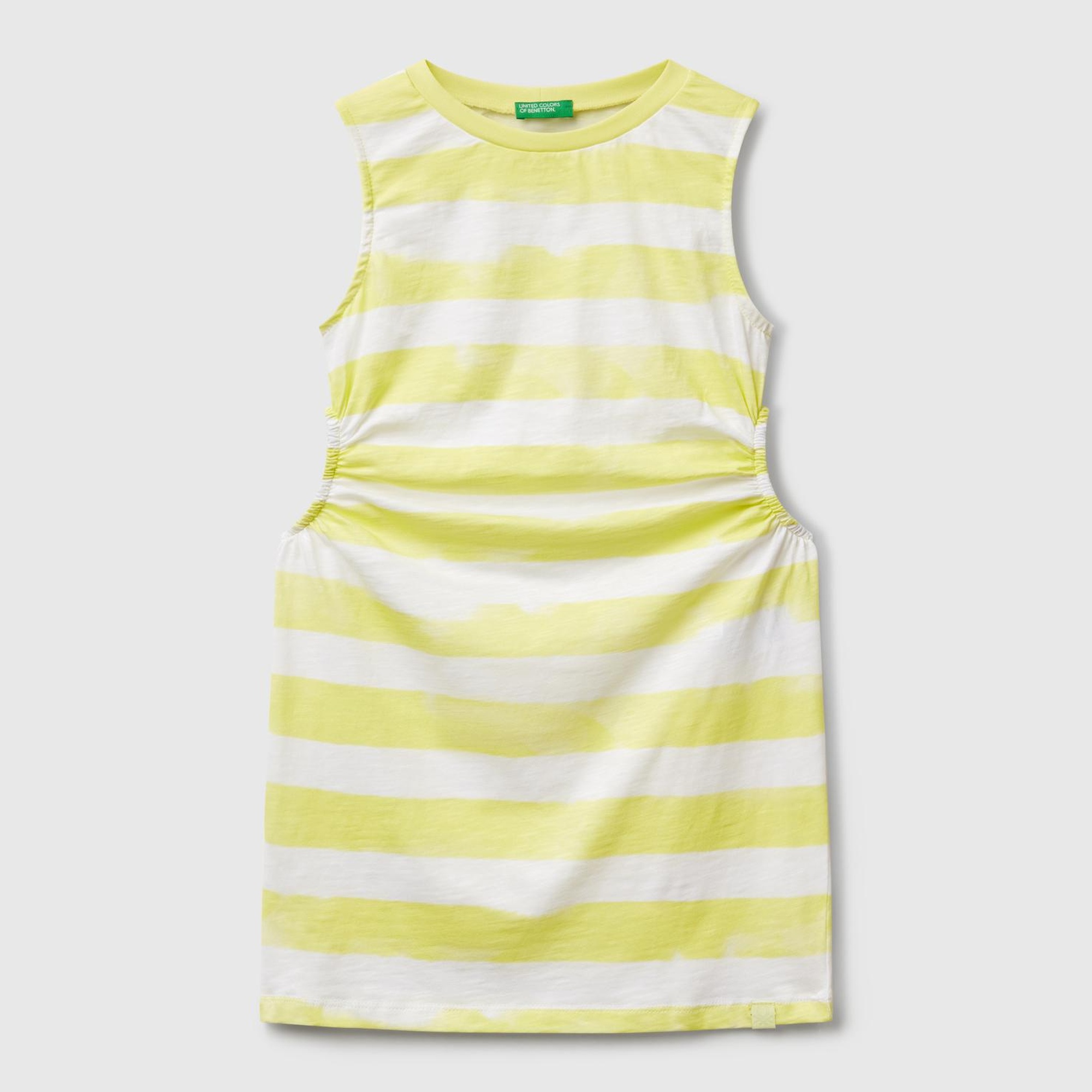 Kız Çocuk Sarı Yanı Pencereli Çizgili Kolsuz Elbise