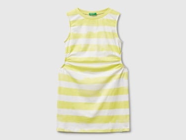  Kız Çocuk Sarı Yanı Pencereli Çizgili Kolsuz Elbise