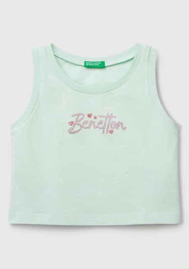  Kız Çocuk Su Yeşili Simli Benetton Logo Baskılı Atlet