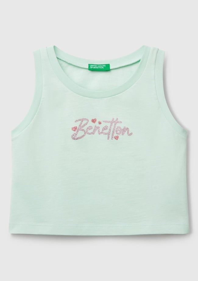  Kız Çocuk Su Yeşili Simli Benetton Logo Baskılı Atlet