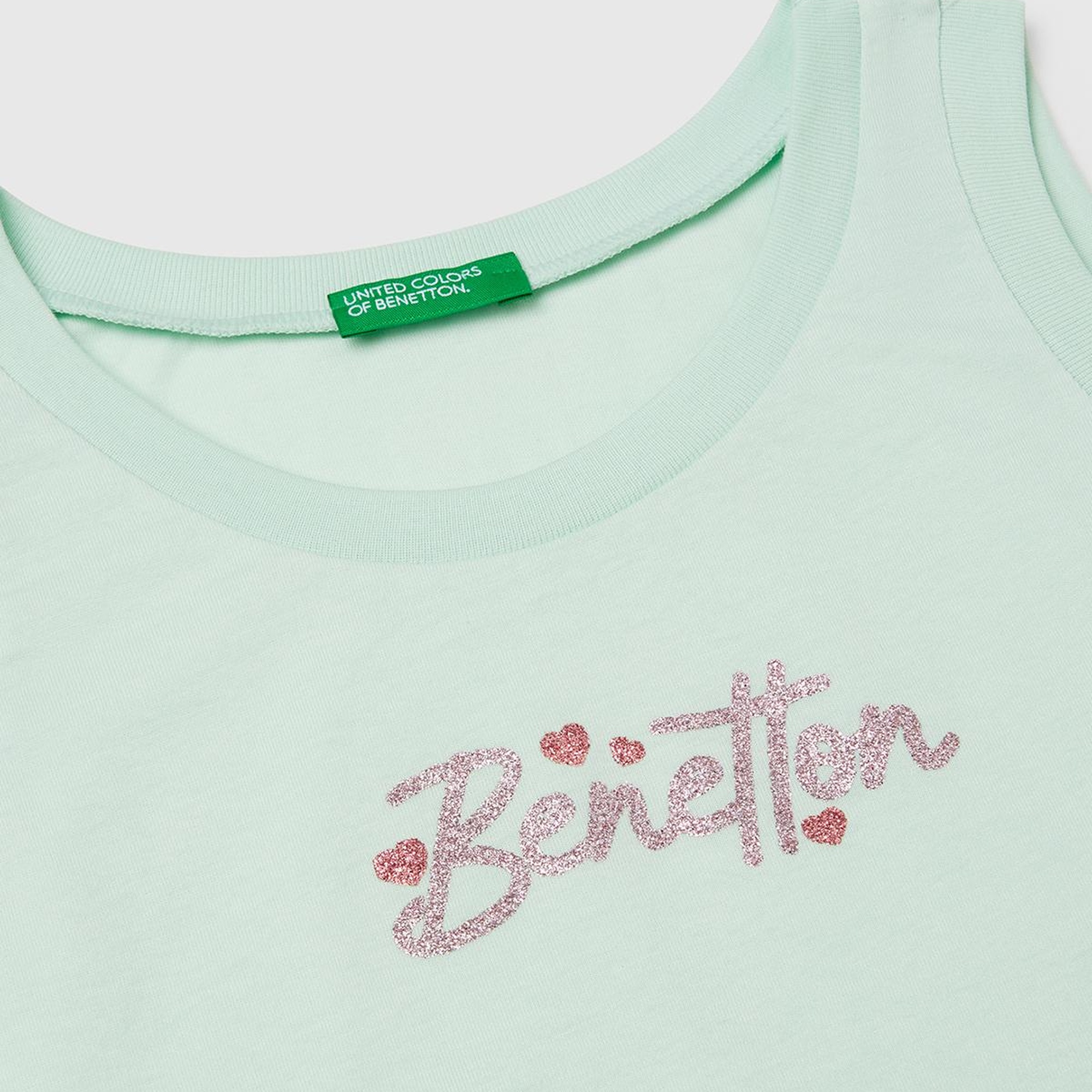 Kız Çocuk Su Yeşili Simli Benetton Logo Baskılı Atlet