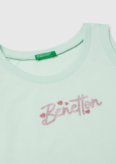  Kız Çocuk Su Yeşili Simli Benetton Logo Baskılı Atlet