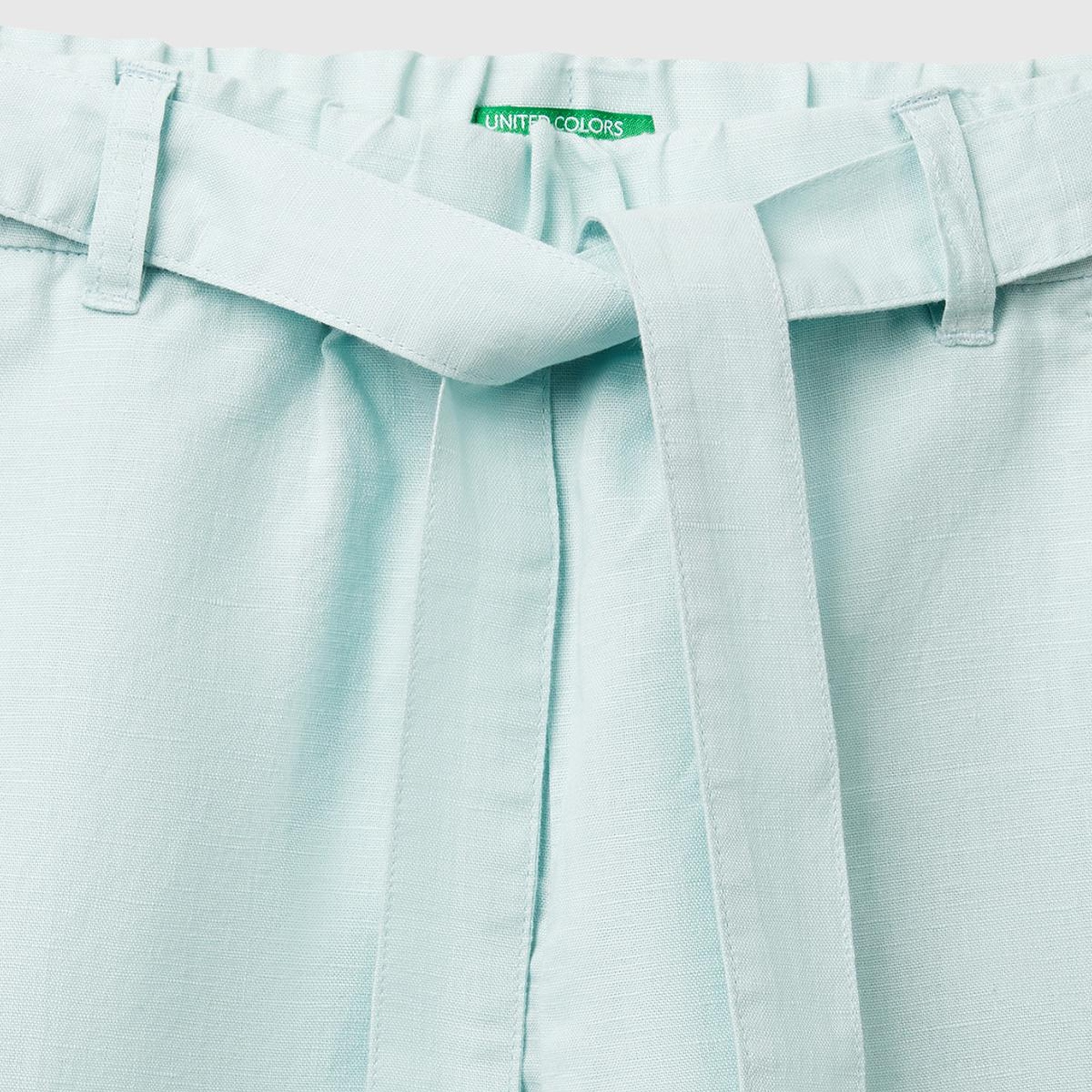 Kız Çocuk Su Yeşili Keten Karışımlı Beli Dikişli Kuşaklı Geniş Paça Pantolon