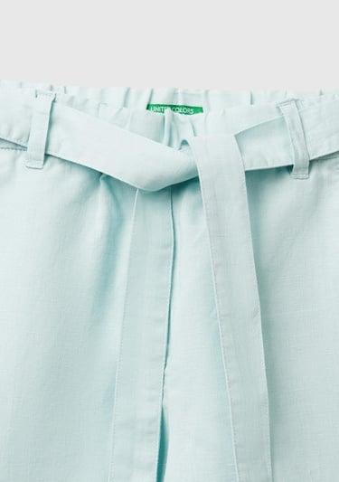  Kız Çocuk Su Yeşili Keten Karışımlı Beli Dikişli Kuşaklı Geniş Paça Pantolon