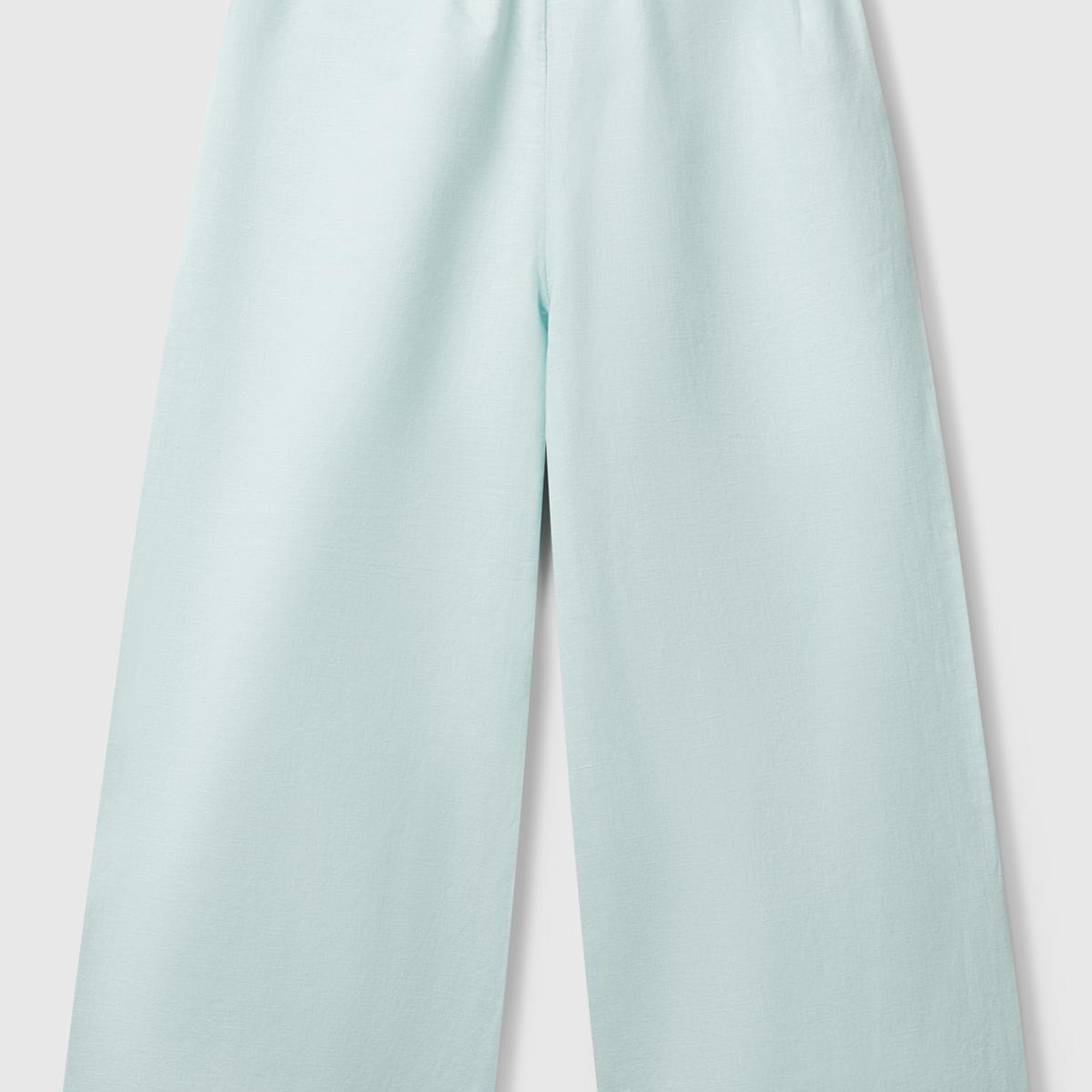 Kız Çocuk Su Yeşili Keten Karışımlı Beli Dikişli Kuşaklı Geniş Paça Pantolon