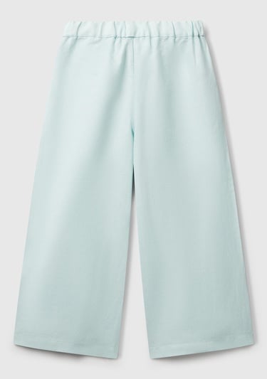  Kız Çocuk Su Yeşili Keten Karışımlı Beli Dikişli Kuşaklı Geniş Paça Pantolon