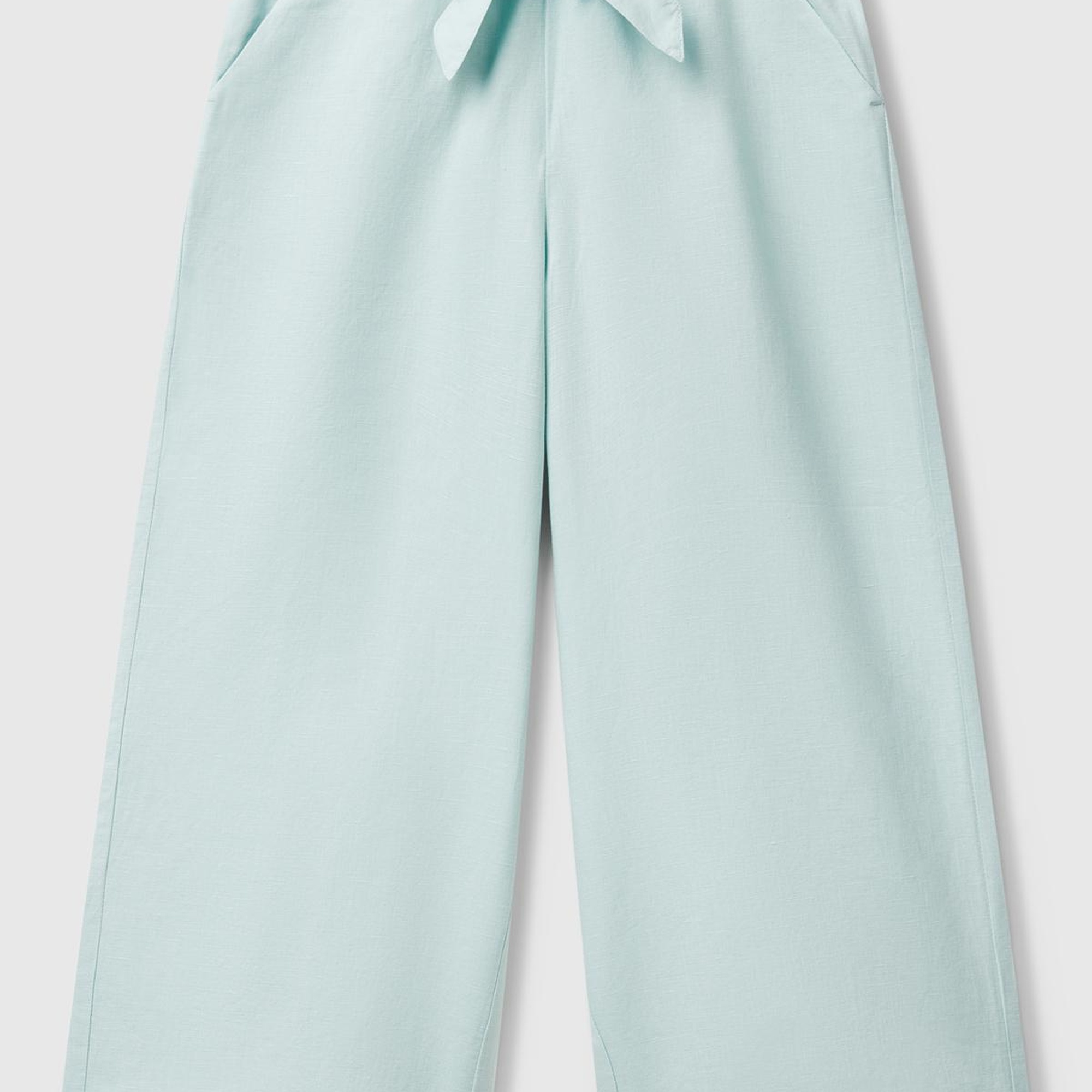 Kız Çocuk Su Yeşili Keten Karışımlı Beli Dikişli Kuşaklı Geniş Paça Pantolon