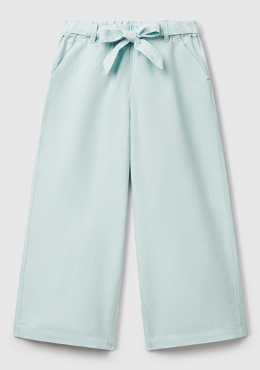  Kız Çocuk Su Yeşili Keten Karışımlı Beli Dikişli Kuşaklı Geniş Paça Pantolon